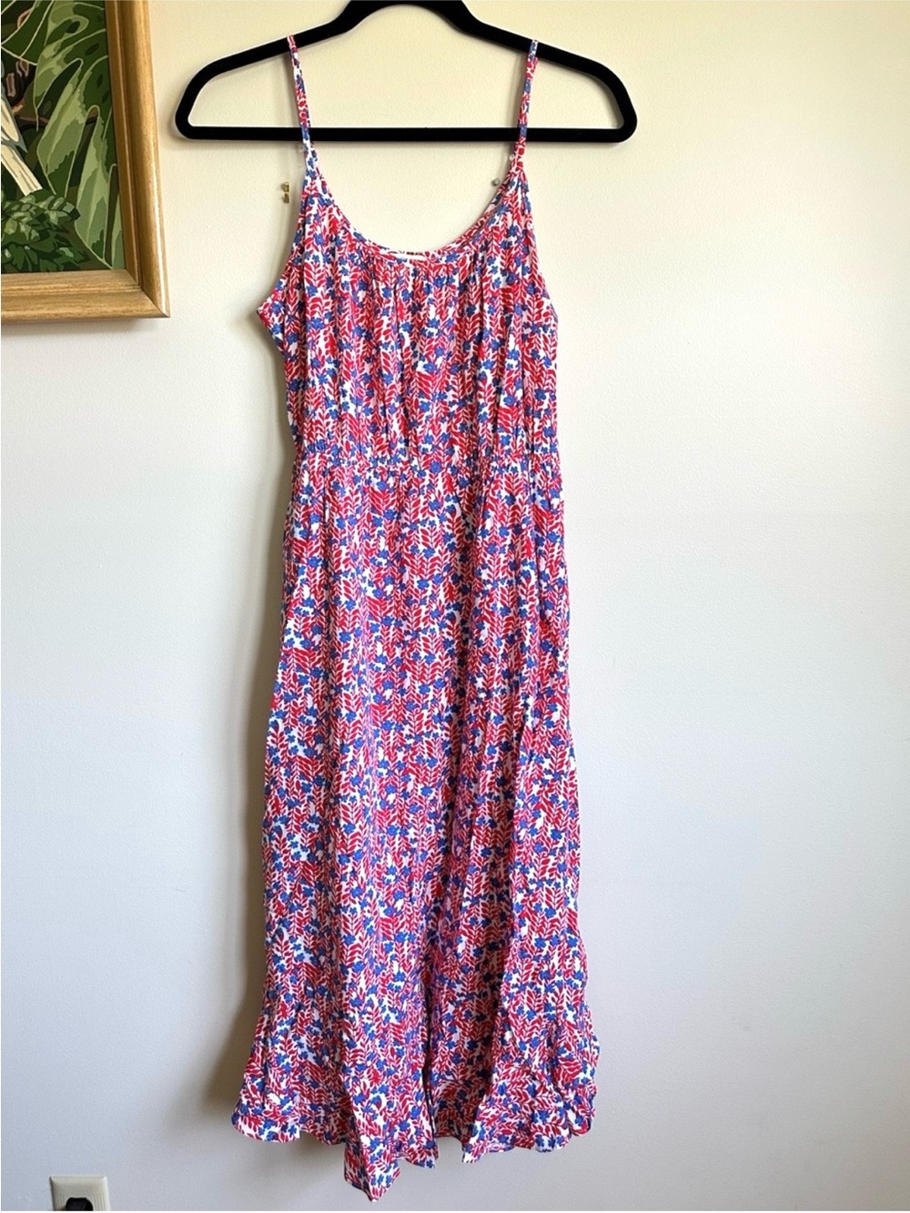 J. Crew Floral Print Ruffle Midi Curved Hem Dress Womens 2 Sleeveless Red Blue